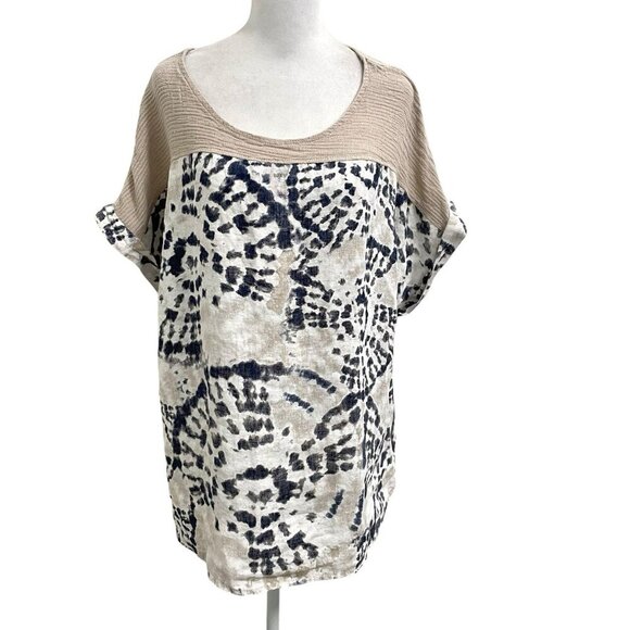 Lungo L’arno 100% Linen Abstract Animal Print Short Sleeve Top Blouse size XL - Picture 1 of 8